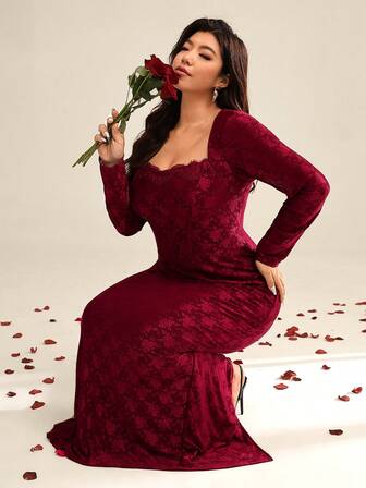 Auralis Plus-Size Ladies' Dress, Date Women's Wear, Romantic Date Lace Long Dress, Elegant Ladies' Clothing That Covers The Buttocks, Long Dress, New Autumn And Winter Style For Ladies' Parties, Date Parties, Sexy S-Shaped Lace Long-Sleeved, Cup, Fishbone, Square Neck, Tight Black Super Long Dress That Covers The Buttocks New Year Valentine/Valentine's Day Red Plus Size Mermaid Maxi Dress/Lace Maxi Dress