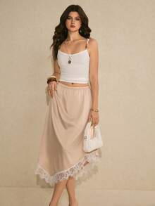 Poéselle Women's Contrast Lace Asymmetric Hem Elegant Skirt,Beige Lace Hem Midi Slip Skirt For Women, High Waist Asymmetrical Elegant Summer Skirt, Casual Chic Outfit,French-Style Skirt - Champagne - View 6