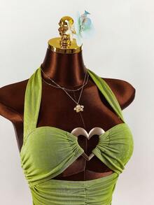 Amplova Áo hai dây mini dễ thương màu xanh lá cây trơn với họa tiết trái tim bằng kim loại, hàng mới về đầu xuân 2026 dành cho nữ. - màu xanh lá - Xem 6