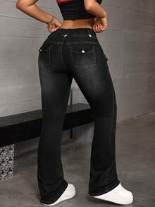 Jeanoix 女士休闲水洗低腰喇叭牛仔裤 - 黑色 - 查看 5