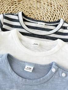 SHEIN 3pcs Baby Boy Casual Cute Solid Color & Striped Pocket Crew Neck Short Sleeve Bodysuit, Suitable For Spring/Summer Outings, Daily Outdoor Play, Home, Comfortable & Versatile - Multicolor - View 5