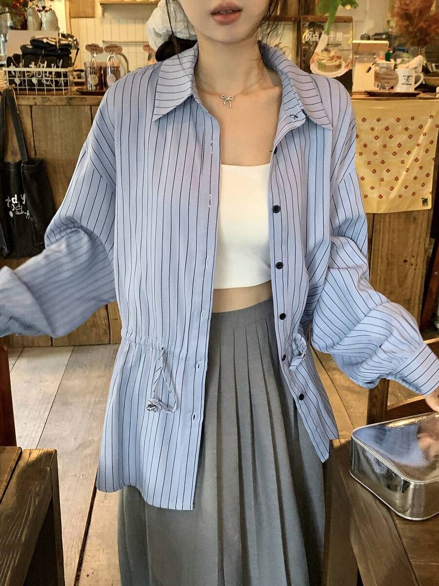 DAZY Blusa casual y formal de manga larga con cuello vuelto, cintura ceñida y estampado de rayas para mujer, primavera/otoño - Azul - Ver 1