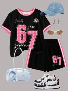 2pcs/Set Teen Girl Casual Striped Graphic Print Short Sleeve Round Neck T-Shirt And Shorts, Suitable For Spring/Summer Daily Wear, Homewear, Sports, School - Multicolor - View 3