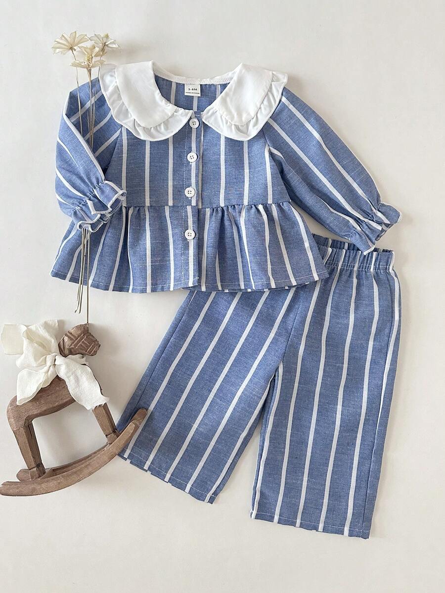 SHEIN 2 piezas Conjunto de top de manga larga con cuello y pantalones estilo universitario casual para niña bebé, adecuado para uso diario en primavera y otoño