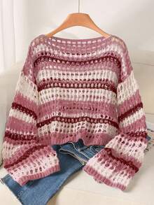 CosyJoli 大码休闲蓝白条纹镂空船领宽松短款长袖毛衣 - 紅色 - 查看 6