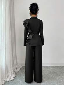 Vestido formal elegante y lujoso para mujer, conjunto de traje con chaqueta de manga larga y pantalón , con cuello de volantes de organza brillante y cinturón, adecuado para Halloween, Navidad, Año Nuevo, ceremonia de graduación, boda, juego de roles, traje de pantalón de color vino tinto y negro para mujer, conjunto de blazer, traje negro para mujer, conjunto de 2 piezas, elegante - Negro - Ver 2