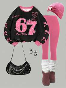 2 pezzi/set Felpa girocollo e leggings casual chic per ragazze pre-adolescenti, con grafica numerica 67 e fiocco, colori rosa e nero, maniche lunghe, abbigliamento comodo da strada, punk, stili caldi e accoglienti per l'autunno e l'inverno, vestiti in stile Y2K - Multicolore - Visualizzare 2