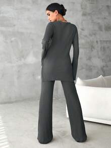 EURMUSE Cotton Solid Split Hem Tee & Flare Leg Pants - Grey - View 2