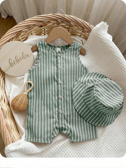 2pcs/Set Baby Boy/Girl Summer Apricot Colorful Striped Sleeveless Romper Shorts & Matching Bucket Hat, Casual Vacation Outfit