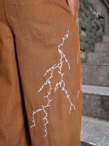 Manfinity EMRG Men's Gothic Embroidery Pattern Pocket Casual Commuting Wide-Leg Jeans Brown Baggy Jeans - Khaki - View 6