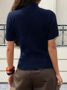 Siren Gaze Damtopp med polotröja och kort ärm i ull, enfärgad, stickad, året runt - Marinblå - Visa 2