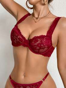 DesireSculpt 1pc Women's Lace Comfortable Underwire Bra - Burgundy - View 9