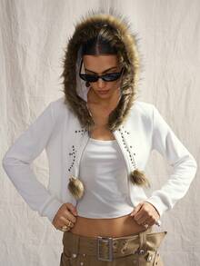 SHEIN ICON Áo nỉ dài tay màu trắng có mũ trùm đầu, khóa kéo, họa tiết quả cầu lông, phong cách Gothic Boho Y2K dành cho nữ, thích hợp đi học. - trắng - Xem 13