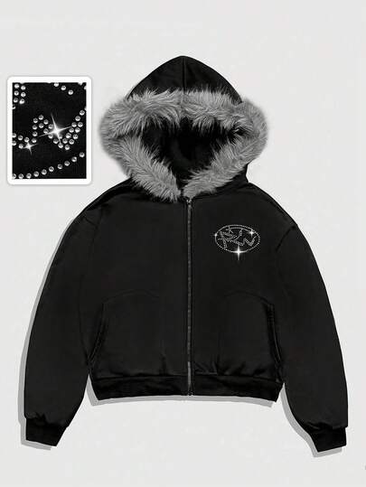 Casual Men's Faux Fur Patchwork Rhinestone Decor Hooded Zip-Up Long Sleeve Sweatshirt Sweatshirt