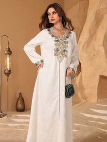 Al Najma 奢华刺绣串珠宽松提花面料土耳其和阿拉伯传统女式长袍 - 杏色 - 查看 5