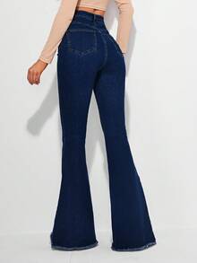 SHEIN LUNE Celana Jeans Vintage Model Flare dengan Pinggang Tinggi, Saku Miring, Ujung Bawah Belum Dikerjakan, dan Potongan Mengembang - Dark Wash - View 4