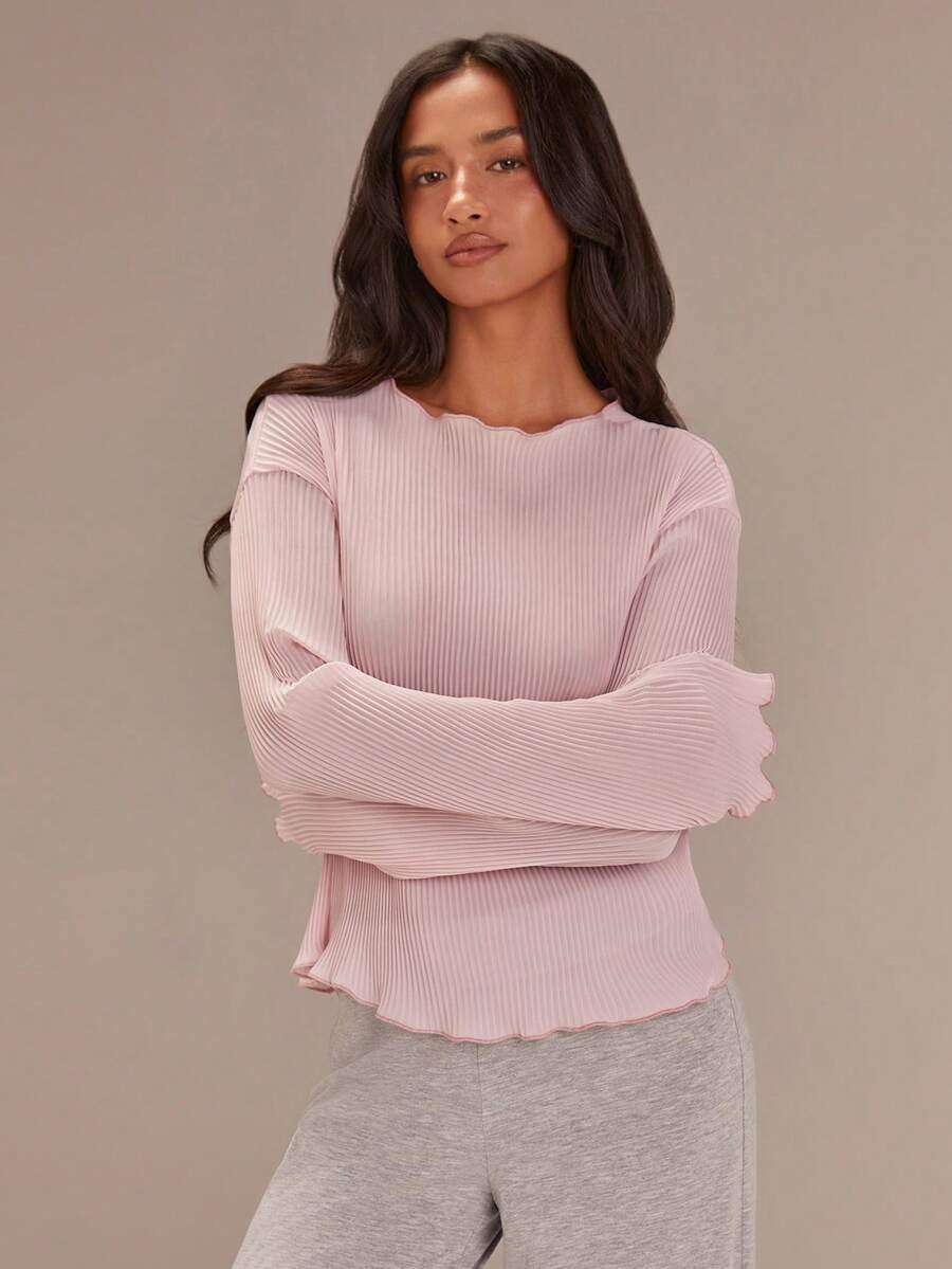 Athîral 女士休闲褶皱纯色圆领长袖衬衫 - 淺粉色 - 查看 1