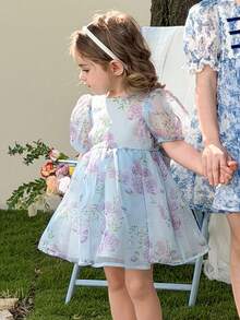 SHEIN 女婴雪纺碎花圆领泡泡袖休闲连衣裙 - 彩色 - 查看 2