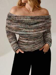 Auralis Pink And Grey Plus Size Women Elegant Off-Shoulder Ruched Knit Sweater,Casual Everyday Y2K Fitted Faux Fur Pullover For Autumn,Spring Long Sleeve Tops - Green - View 2