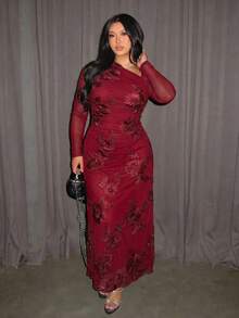 Firerie 大码女式优雅简约时尚基础款日常穿搭ins风通勤时尚达人音乐节刺绣弹力网纱不规则领口褶皱修身长袖连衣裙 - 紅色 - 查看 5