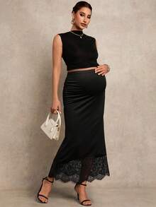 MaterniChic Maternity Elegant Lace Patchwork Skirt  Party - Black - View 7