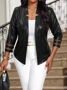 Fleurora 大码秋季休闲鳄鱼纹压花撞色网眼前开襟西装外套 - 黑色 - 查看 5