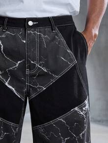 ROMWE MEN Street Life Men's Lightning Print Patchwork Straight Leg Jeans - Black - View 2