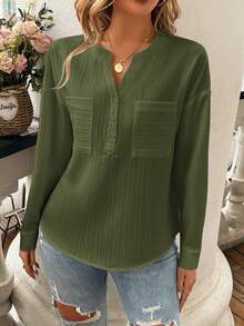 EMERY ROSE Camisa casual de mujer de unicolor con cuello en V y hombros caídos - Verde militar - Ver 5