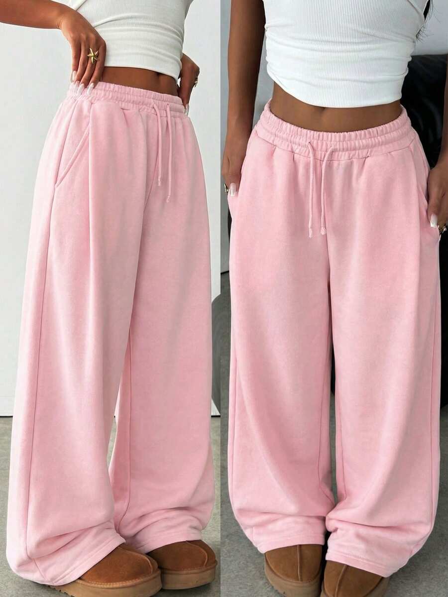 SHEIN Teen Girl Knitted Solid Pink Loose Casual Drawstring Pocket Wide Leg Sweatpants