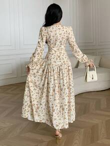 Feyla Elegant Ditsy Floral V-Neck Long Sleeve Dress For Women Yellow French Style Dresses - Multicolor - View 6