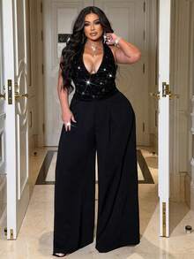 SHEIN CURVE+ Combinaison à paillettes et velours pour femmes grandes tailles, design à la mode, tissu patchwork, convient pour les concerts, mariages, fêtes, Noël, Nouvel An, anniversaires