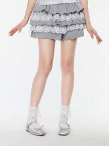 ROMWE 女款中筒襪，荷葉邊飾邊，雙層蕾絲邊緣 - 米白B - 查看 4