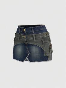 ROMWE Avant Modischer avantgardistischer Denim sexy tief sitzender Minirock mit Doppelgürtel und Cargo-Taschen - Verschiedenfarbig - Übersicht 5