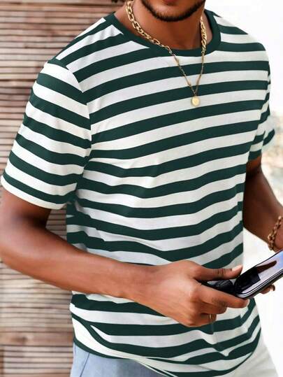 Manfinity Homme Camiseta casual de hombre con cuello redondo y estampado de rayas