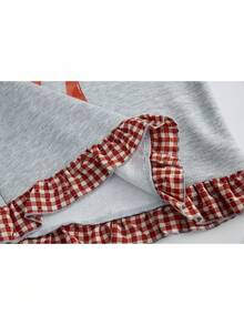 SHEIN Conjunto de dos piezas para niñas preadolescentes de primavera y otoño, 2026 Moda: Blusa de manga larga con estampado de moño y diseño de tela a cuadros, top casual de manga larga cómodo y pantalón de pierna ancha - Gris Claro - View 9