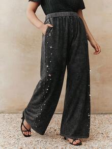 Anewsta 新款时尚设计女式不对称珍珠串珠水洗效果直筒大码休闲裤 - 黑色 - 查看 5