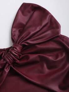 Sweetra 女士新款设计感高街优雅叠层复古纹理高端简约修身短款不对称上衣，春夏款 - 酒紅色 - 查看 4