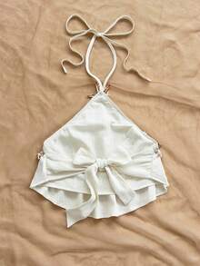 Soleia Áo kiểu nữ dáng rộng, cổ yếm, hở lưng, thắt nơ, phối hoa, bèo nhún, thích hợp cho đi biển, dự tiệc, lễ tốt nghiệp. - Màu be - Xem 2