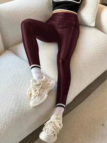 SHEIN 少女高腰弹力紧身压缩打底裤，贴身瑜伽裤 - 酒紅色 - 查看 3