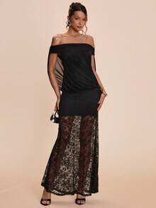 SHEIN BAE Black Sexy One-Shoulder Ruffle Lace Patchwork Fishtail Bodycon Elegant Dress, Black Dress, Valentine's Day Date Dress, Bridesmaid Mini Dress, Elegant Dress, Valentine's Day - Black - View 7