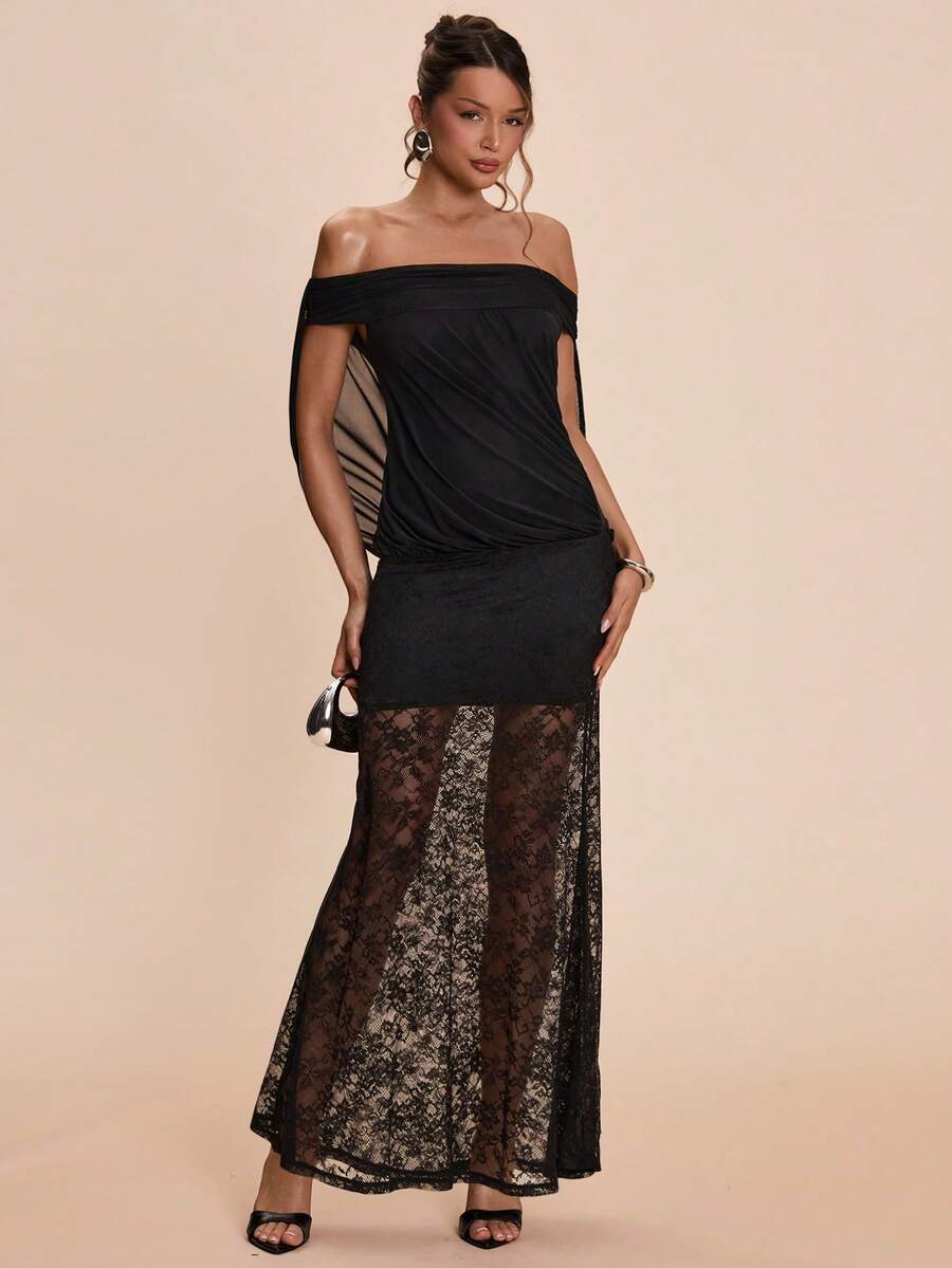 SHEIN BAE Black Sexy One-Shoulder Ruffle Lace Patchwork Fishtail Bodycon Elegant Dress, Black Dress, Valentine's Day Date Dress, Bridesmaid Mini Dress, Elegant Dress, Valentine's Day - Black - View 1