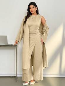 Auralis 新款春秋季基础款长袖无领外套和高腰褶裥修身连体裤两件套，通勤/优雅浪漫/OL风/美人鱼风/教师工作服 - 卡其色 - 查看 7