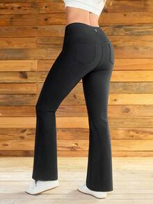 OutZeal 女士柔软保暖磨毛高腰口袋喇叭运动紧身裤秋冬日常休闲款 - 黑色 - 查看 8