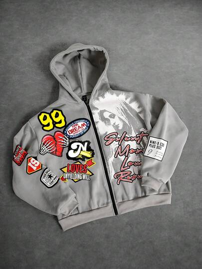 هودي رجالي بسحاب أمامي وطباعة حرفية، قياس فضفاض