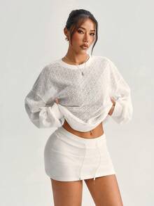 Dewbera 女士镂空针织仿毛皮圆领宽松休闲运动卫衣，适合日常穿着，性感大码卫衣，女士白色卫衣，女士大码卫衣 - 白色 - 查看 3