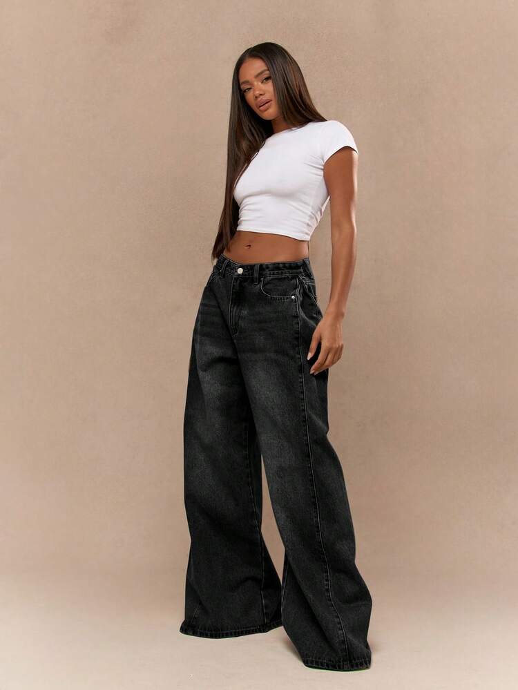 MISSGUIDED Calça Denim Palazzo de Perna Larga e Cintura Baixa para Mulheres, Lavagem Escura, Calça Denim Folgada e Plissada, Estilo Retrô Y2K Casual para Outono e Inverno