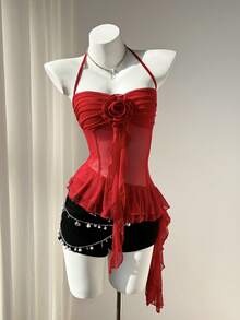 Elamini Áo tank top nữ kiểu dáng thanh lịch, xếp lớp, cổ yếm, có bèo nhún, thích hợp mặc hàng ngày, đi chơi, dự tiệc, hẹn hò, màu đỏ rượu vang. - Màu Đỏ Sâu - Xem 4