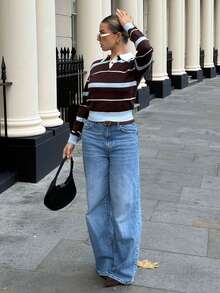 Bethéva 女式秋冬学院风马球领撞色条纹棕蓝宽松针织毛衣 - 彩色 - 查看 6