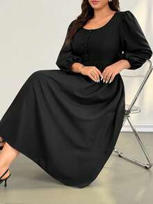 SHEIN Essnce Plus-Size Women's Spring And Autumn Fashion Casual Loose Comfortable Daily V-Neck Textured Fabric Waist Black Long Sleeve Mid-Length Dress With Pockets, Fall Outfits, Church Clothes For Women / Square/ Valentine's Day /Valentine Outfits For Women/Three-Quarter Sleeves, Square Neck, Fitted Waist, A-Line Skirt, Preppy Back-To-School Style Dress/Black A-Line Skirt/Office Commuting
