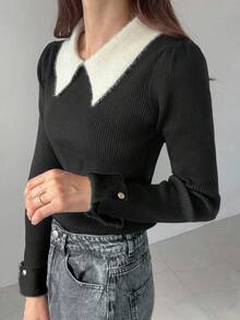 FRIFUL Women's Casual Versatile Contrast Color Turtleneck Sweater, Autumn/Winter - Black - View 4